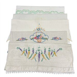 Lot of 5 Hand Tea Towels Embroidered Crochet Huck Weaving Floral Vintage 1950s